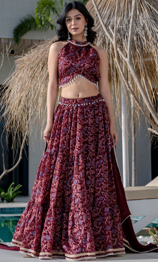 Maroon Halter Neck Lehenga