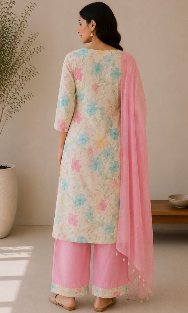 Beige Printed Suit Set