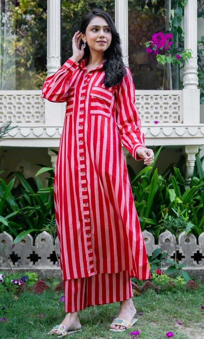 Coral Cotton Stripe Kurta Set