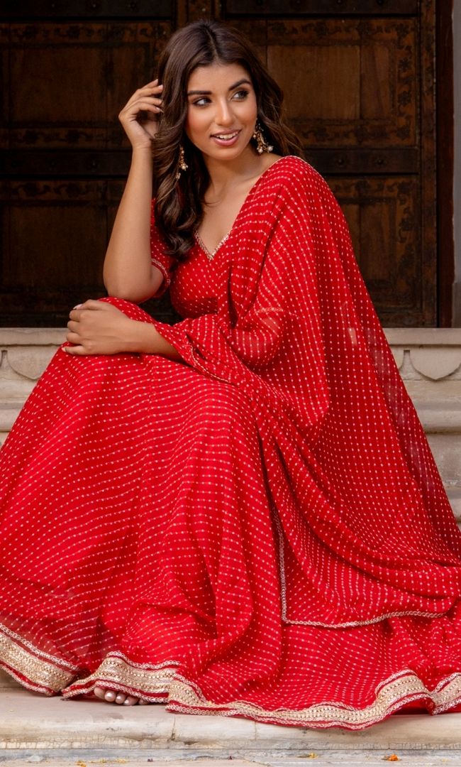 Red  Bandhani Lehenga Set