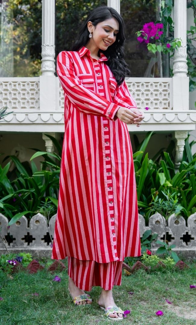 Coral Cotton Stripe Kurta Set