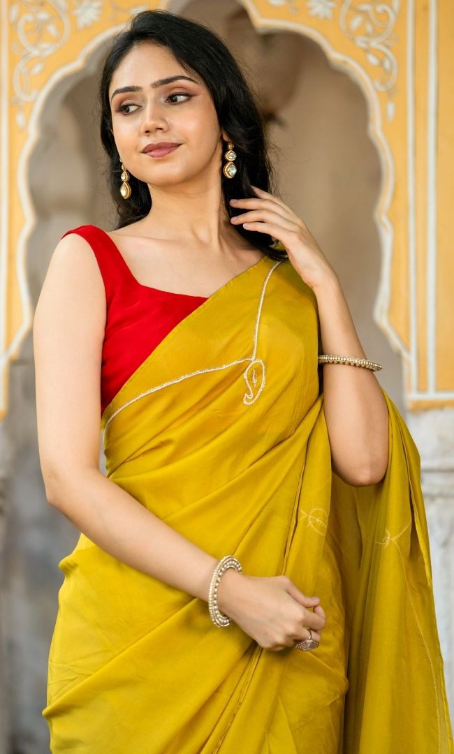Mustard Pearl Motif Saree