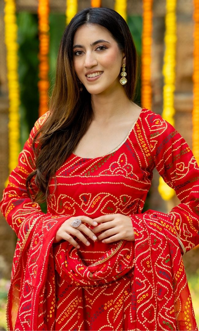 Red Bandhej Anarkali Set