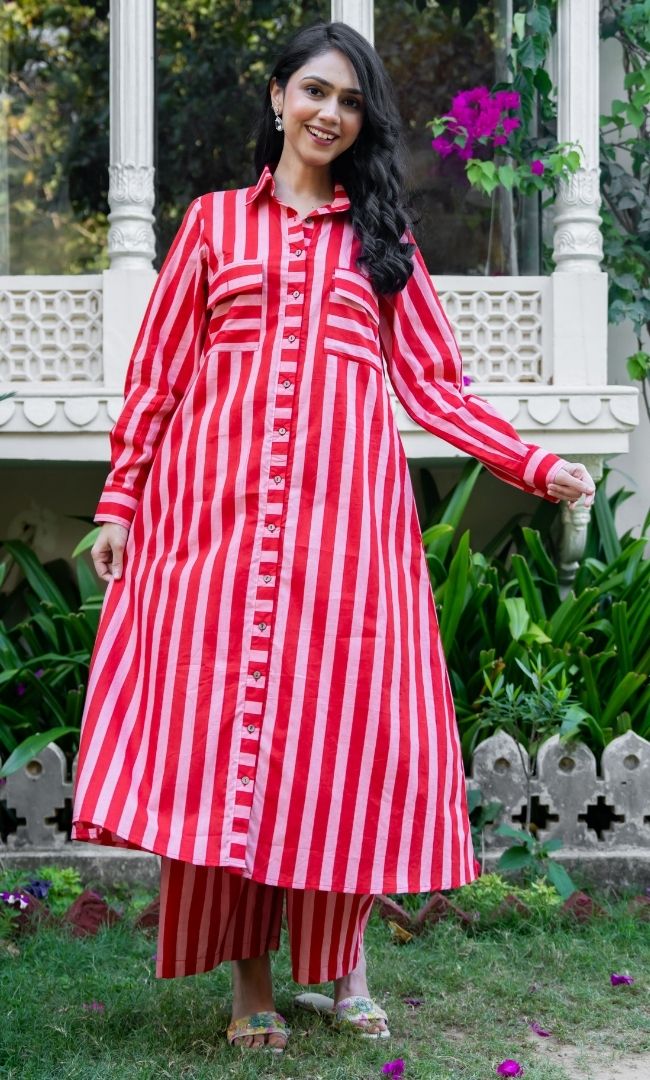 Coral Cotton Stripe Kurta Set