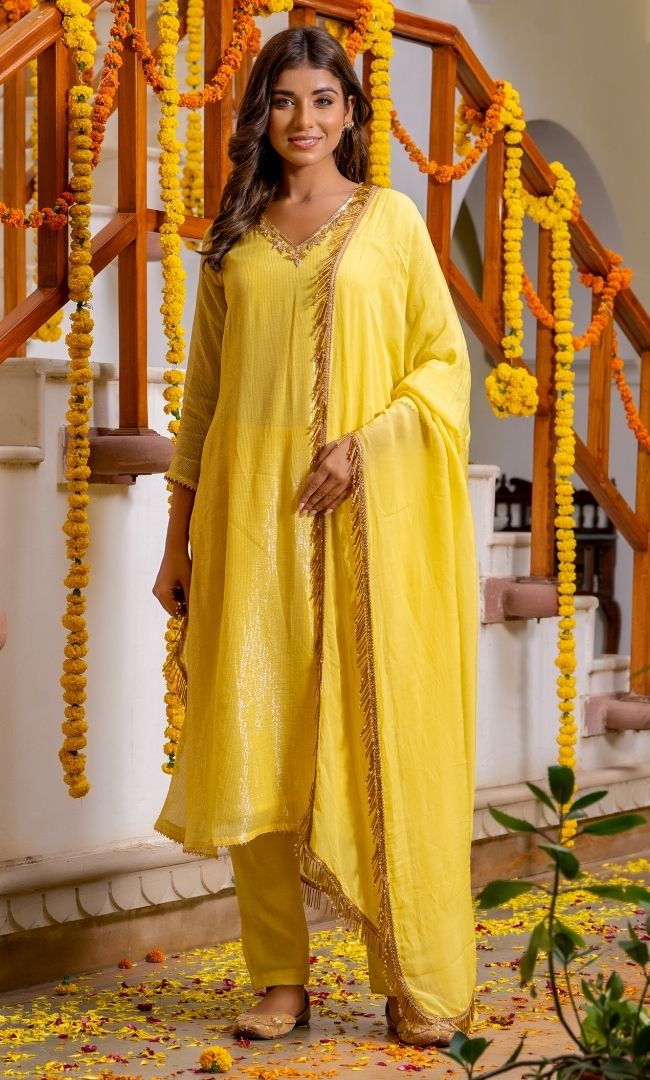 Lemon Shello Lurex Kurta Set