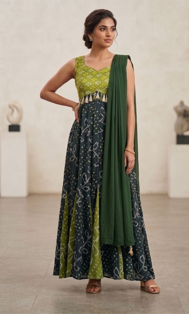 Leher Green Bandhani Anarkali Set