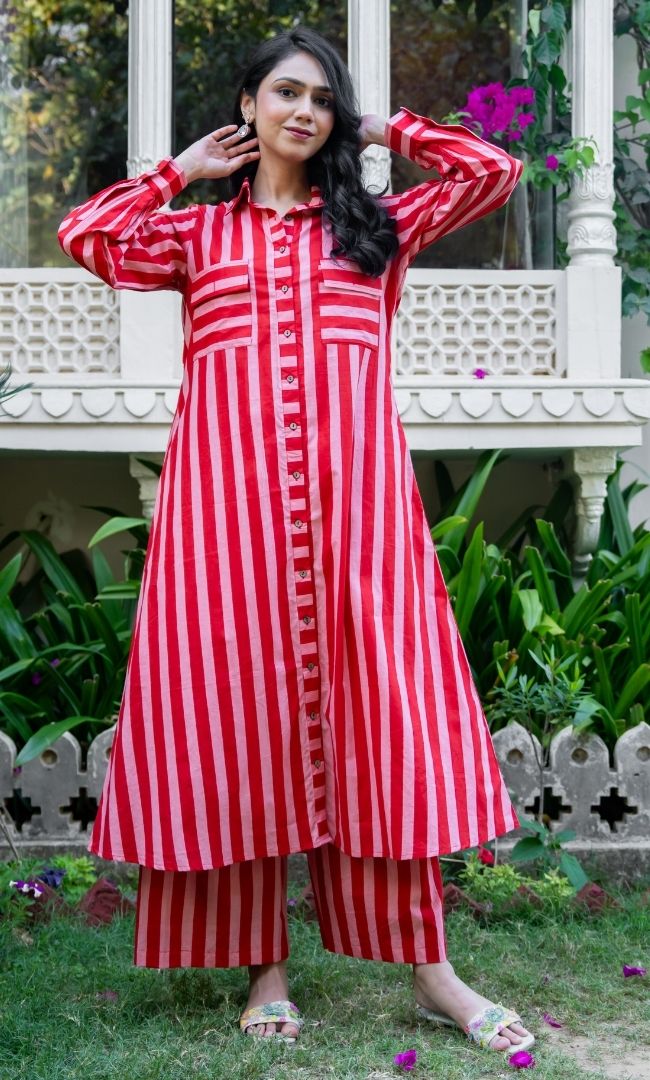 Coral Cotton Stripe Kurta Set