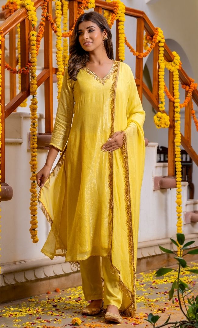 Lemon Shello Lurex Kurta Set
