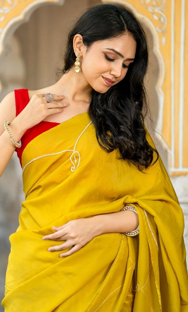 Mustard Pearl Motif Saree