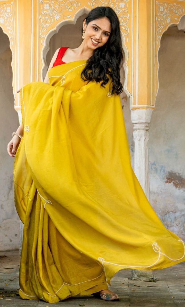 Mustard Pearl Motif Saree