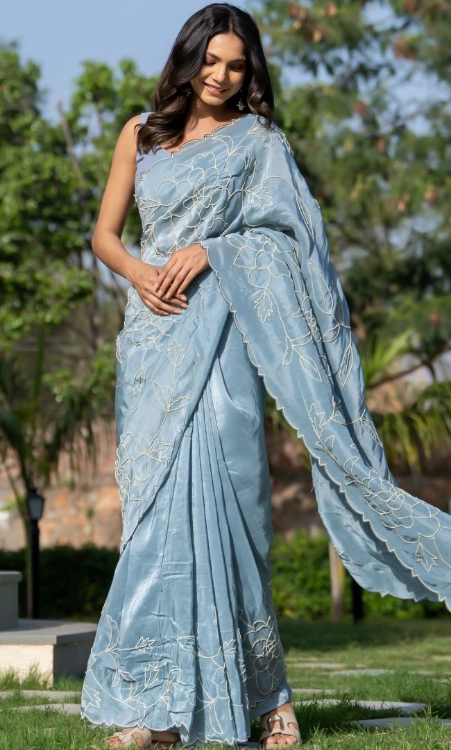 Grey Pearl Work Saree