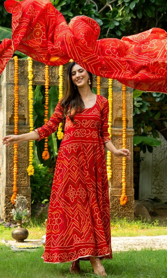 Red Bandhej Anarkali Set