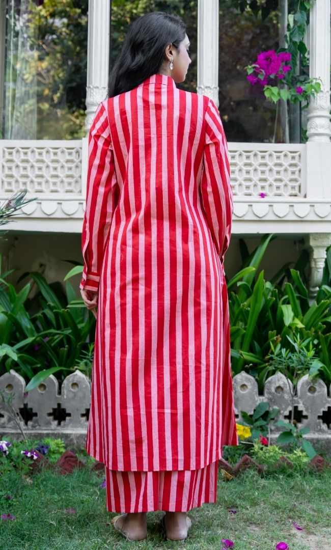Coral Cotton Stripe Kurta Set