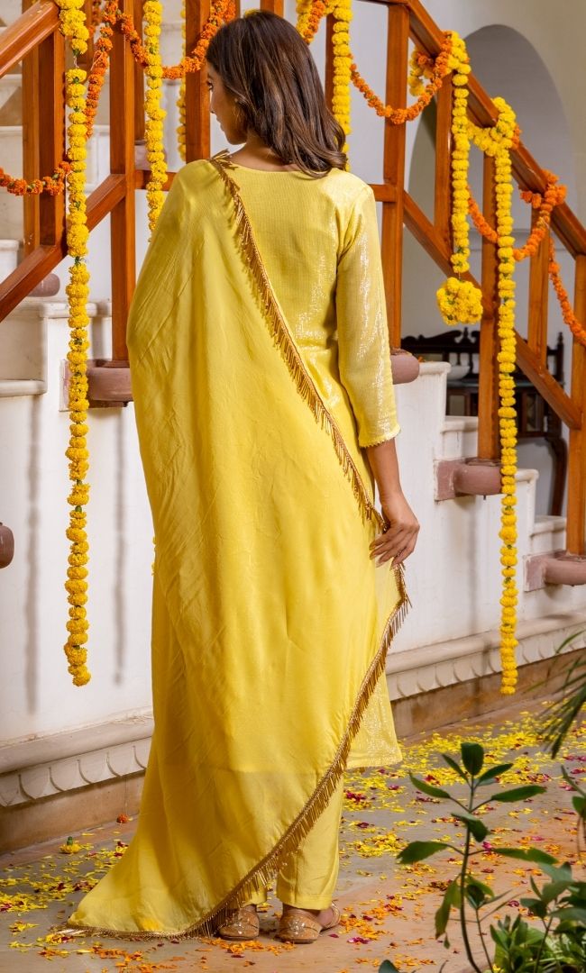 Lemon Shello Lurex Kurta Set