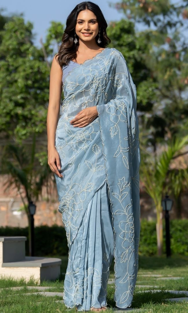 Grey Pearl Work Saree