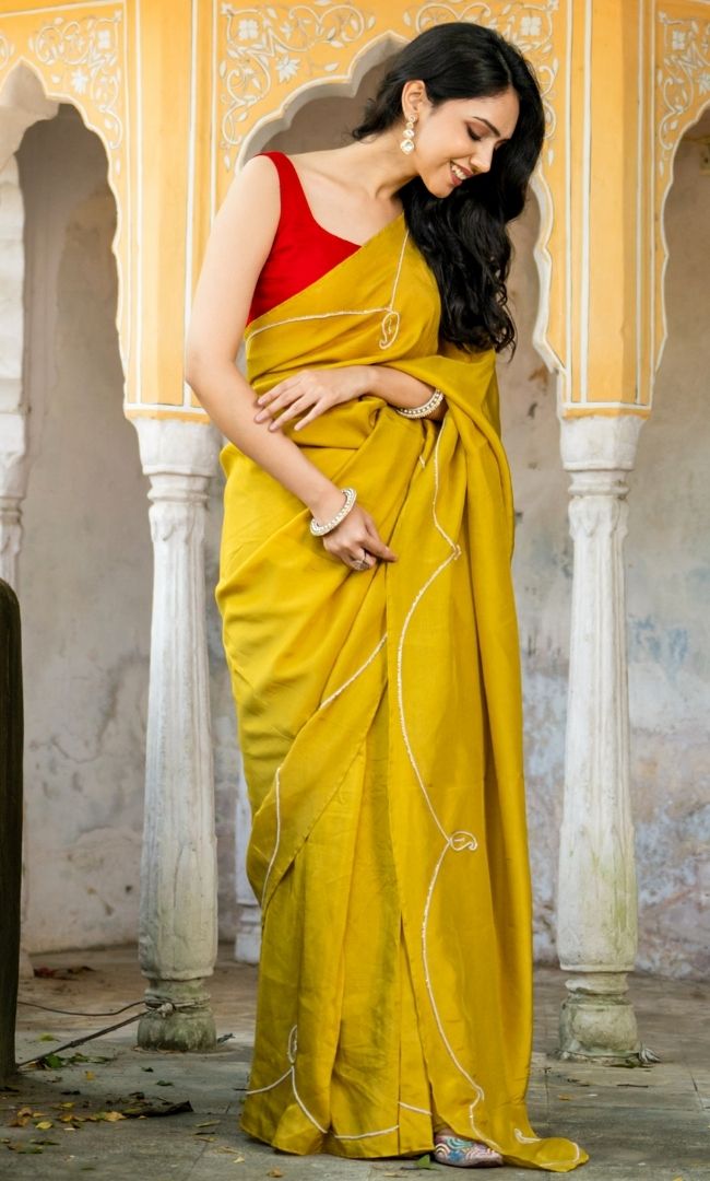 Mustard Pearl Motif Saree