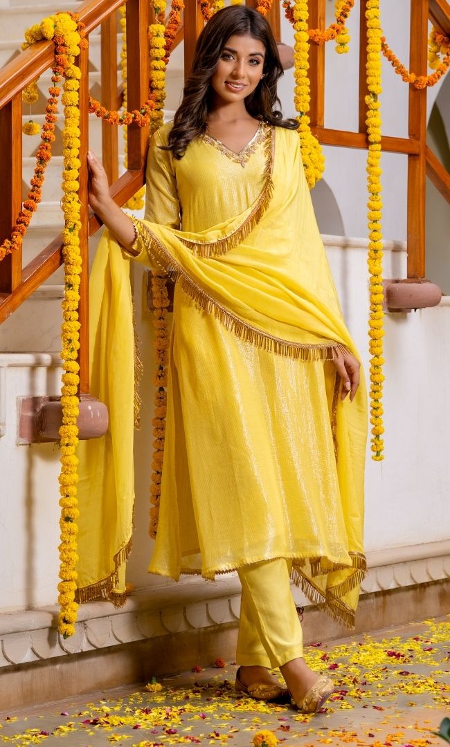 Lemon Shello Lurex Kurta Set