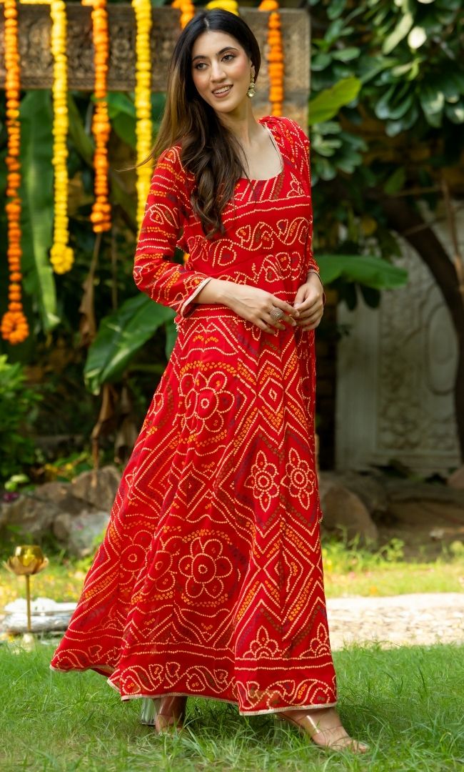 Red Bandhej Anarkali Set