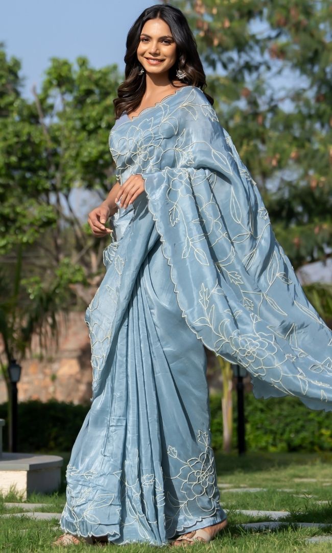 Grey Pearl Work Saree