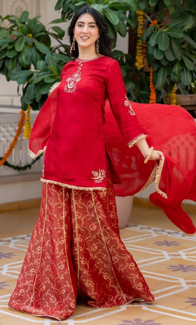 Carnation Red Handwork Suit Set
