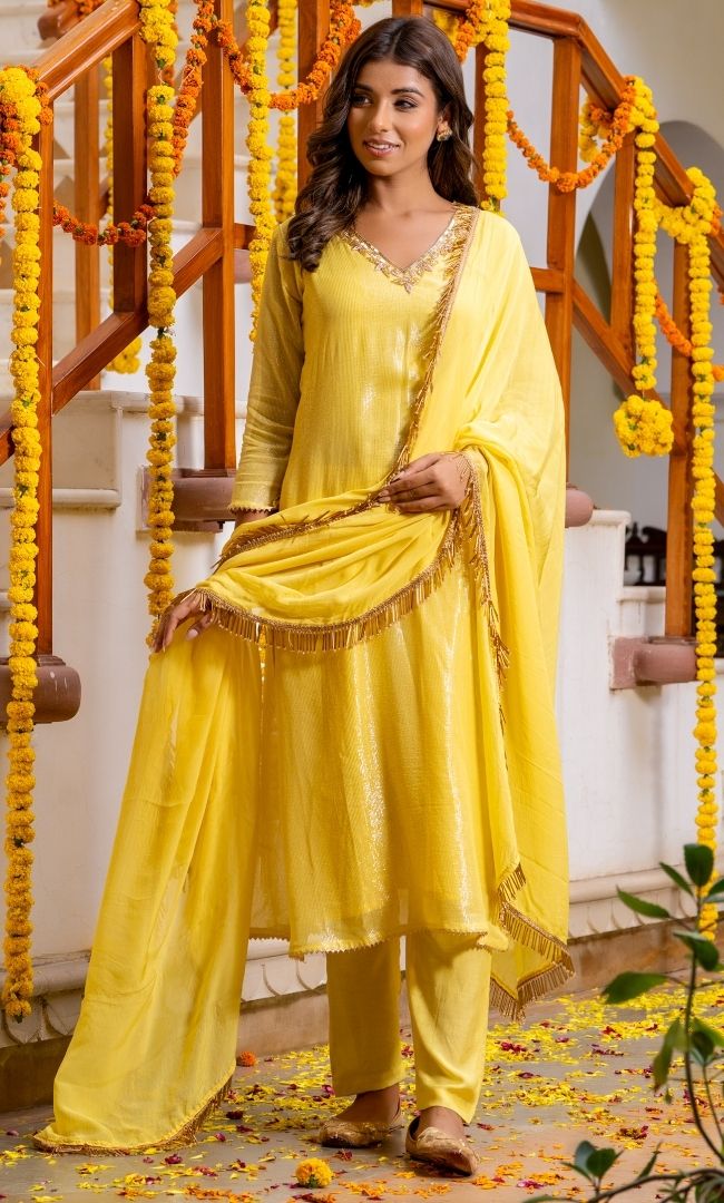Lemon Shello Lurex Kurta Set