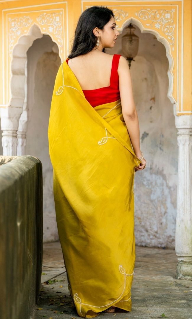 Mustard Pearl Motif Saree