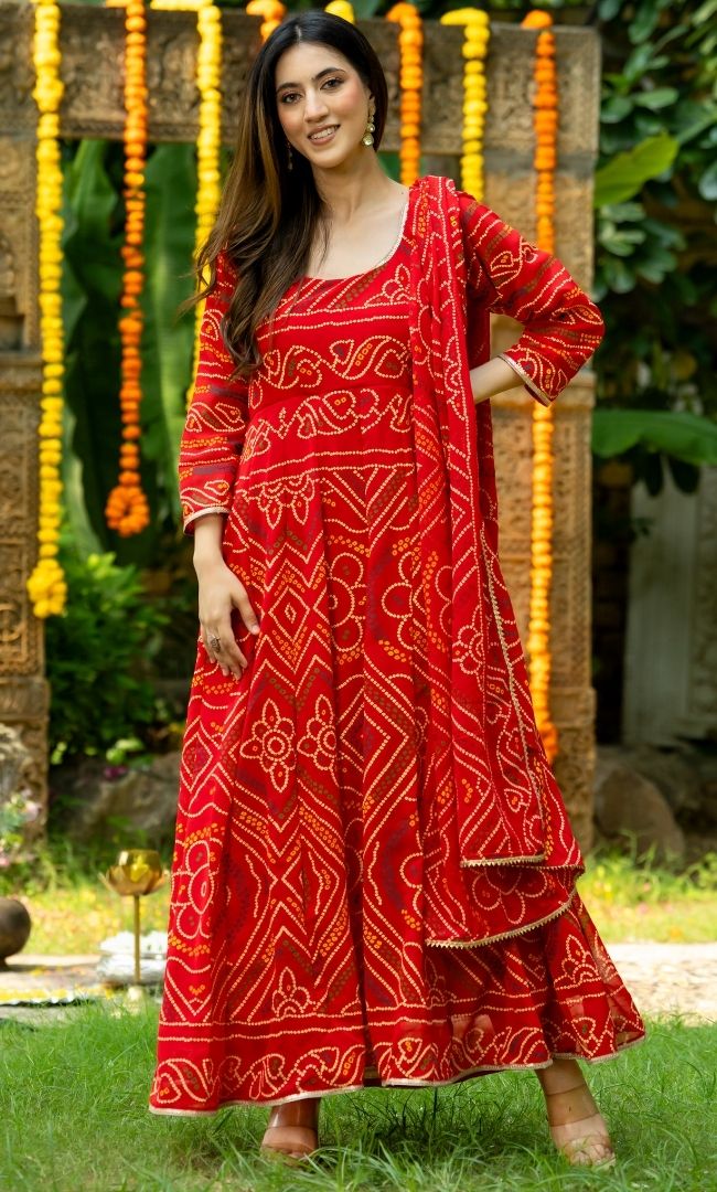 Red Bandhej Anarkali Set