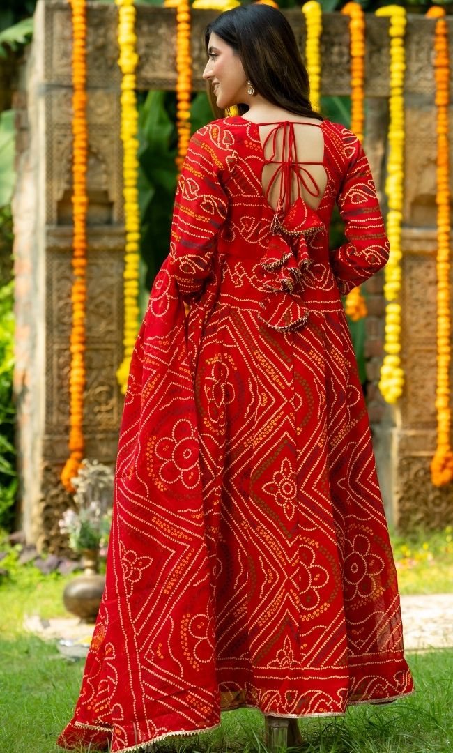 Red Bandhej Anarkali Set