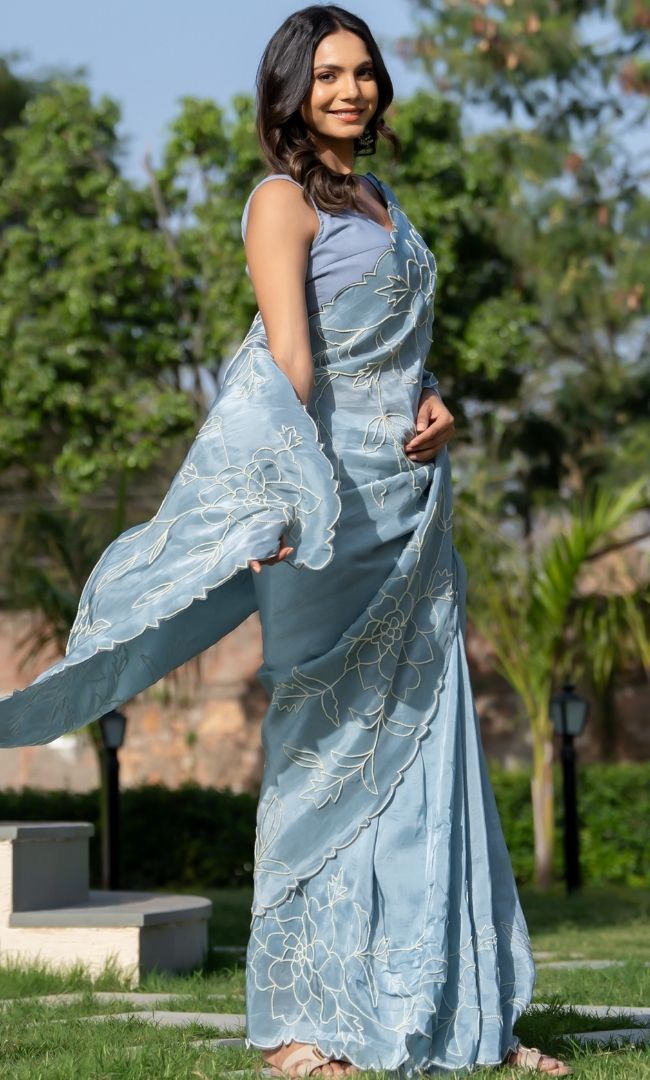 Grey Pearl Work Saree