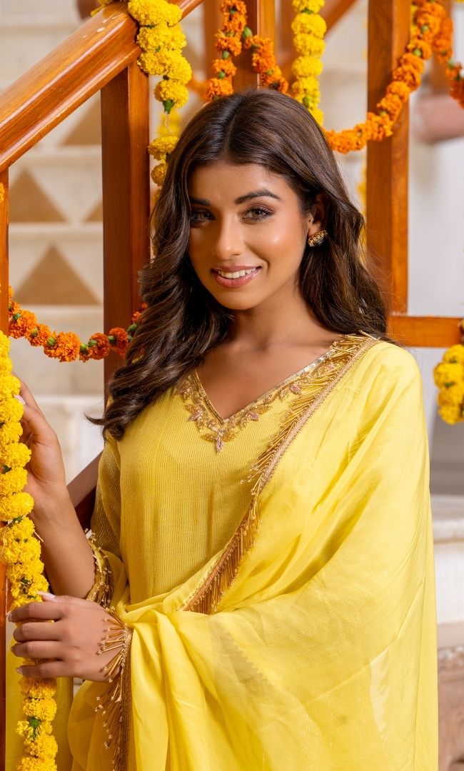 Lemon Shello Lurex Kurta Set