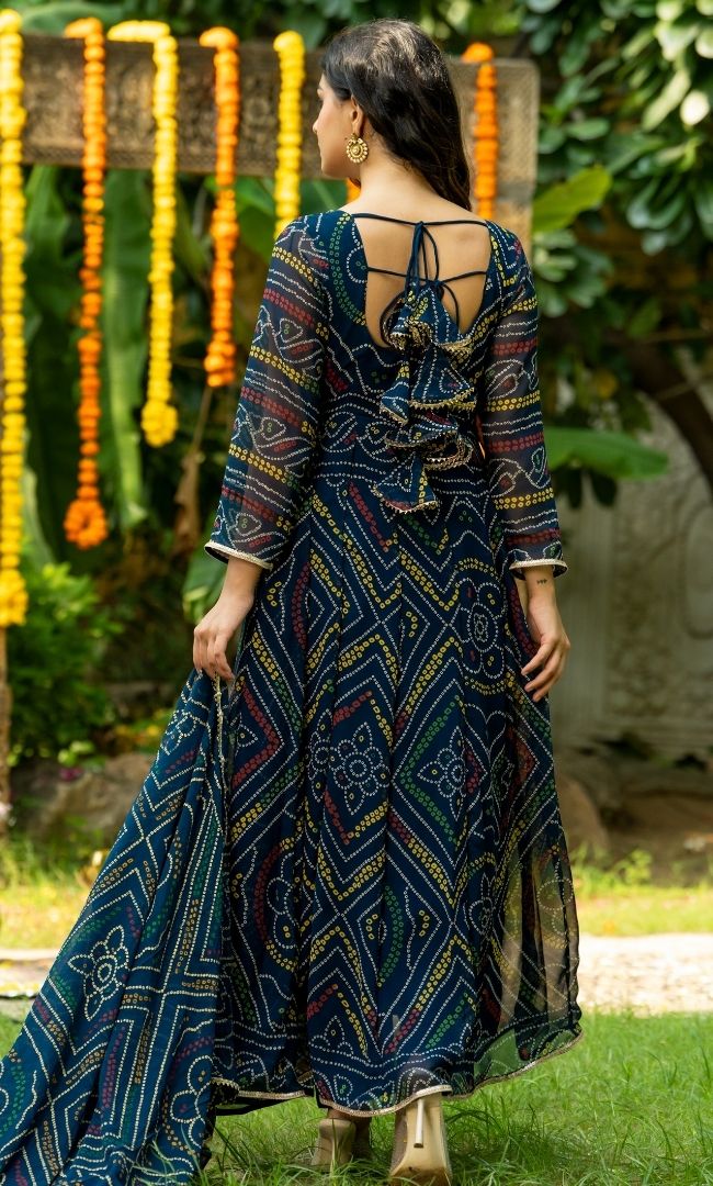 Vintage Blue Bandhej Anarkali Set