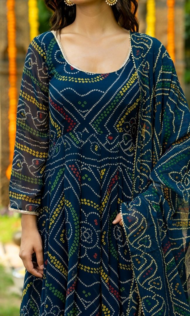 Vintage Blue Bandhej Anarkali Set