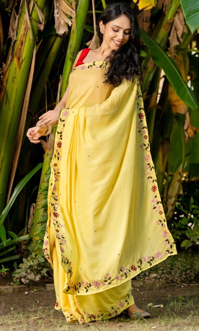 Grass Yellow Embroidered Saree