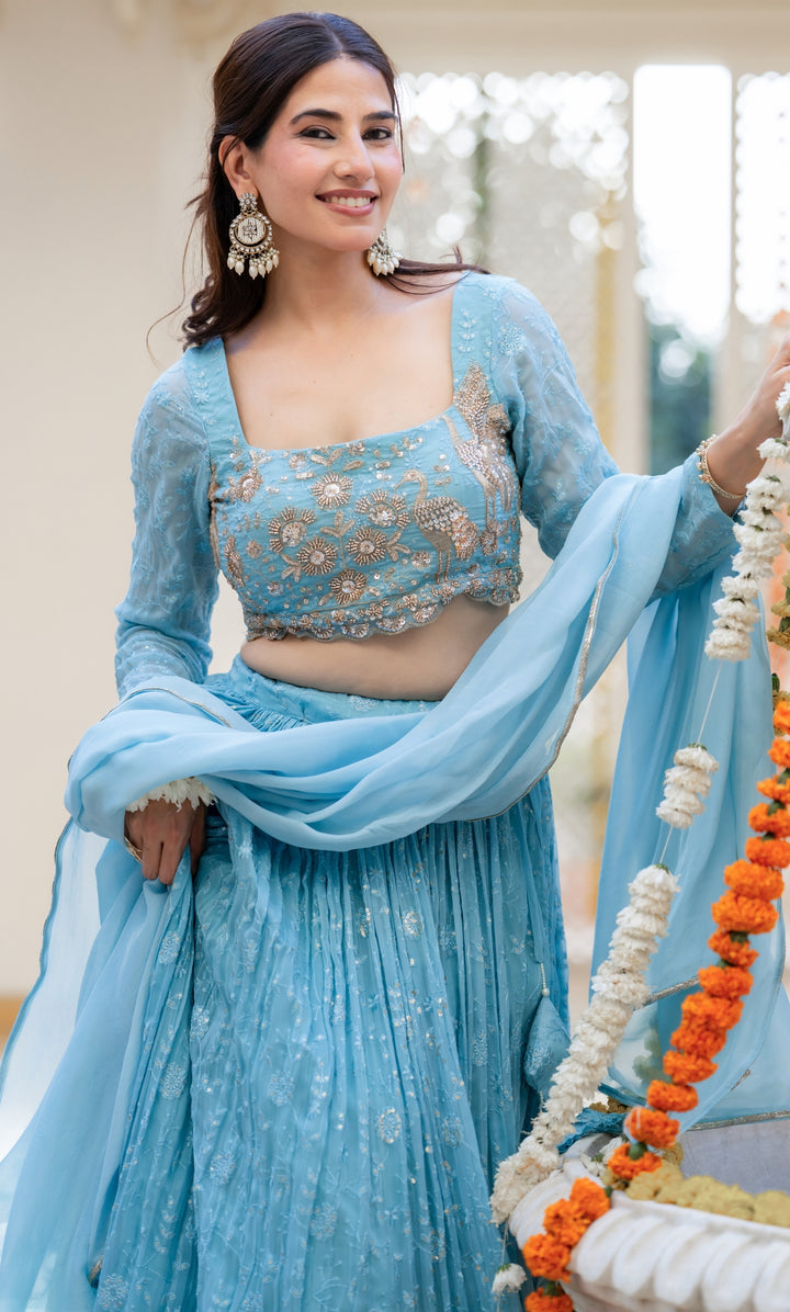 Aasmaani Blue Organza Lehenga Set
