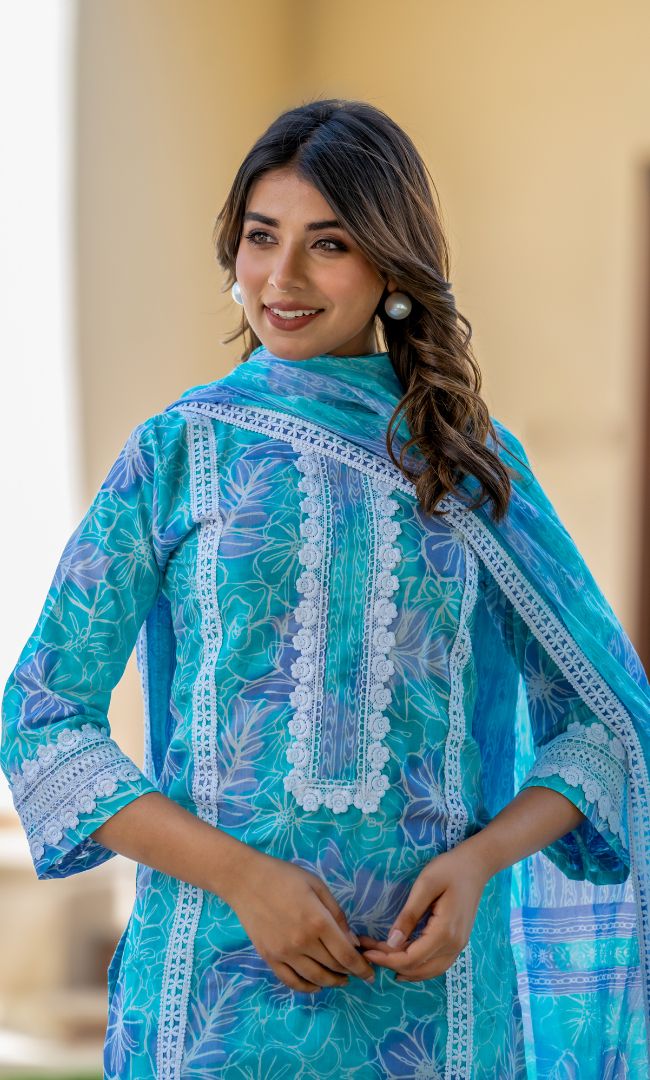 Aqua Printed Cotton Suit Set