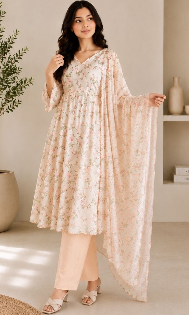 Soft Beige Floral Organza Anarkali Set