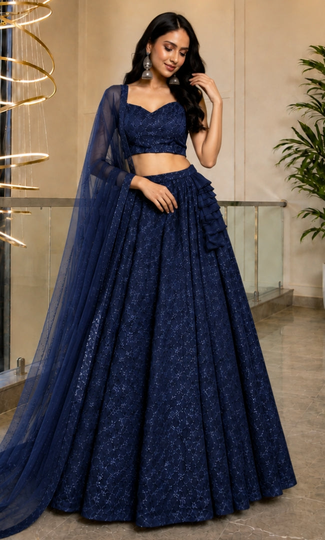 Midnight Blue Jaal Embroidery Lehenga Set