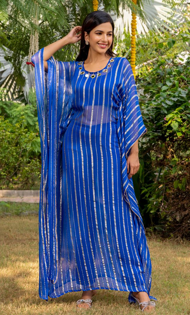 Teal Blue Mirror Work Kaftan Set