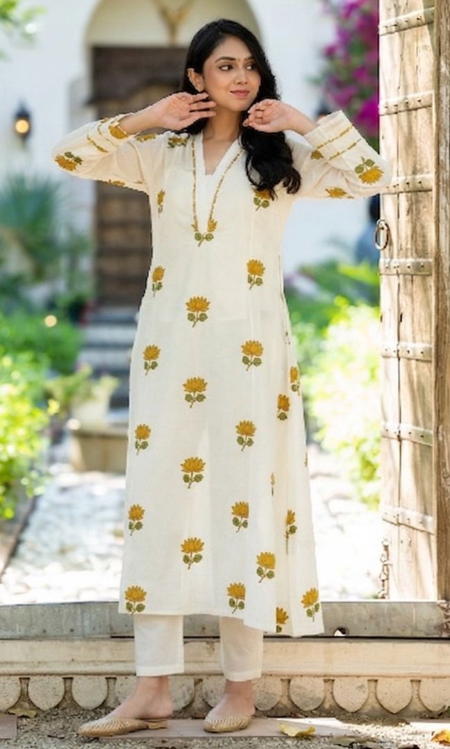 K-Vibe Mustard Lotus Kurta Co ord Set