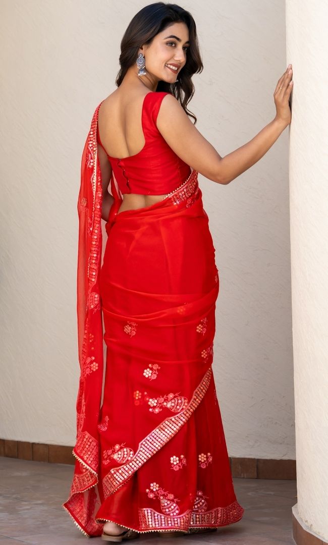 Blush Red Mirror Work Saree