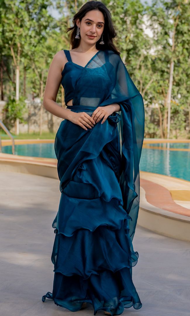 Prussian Shimmer Ruffle Saree