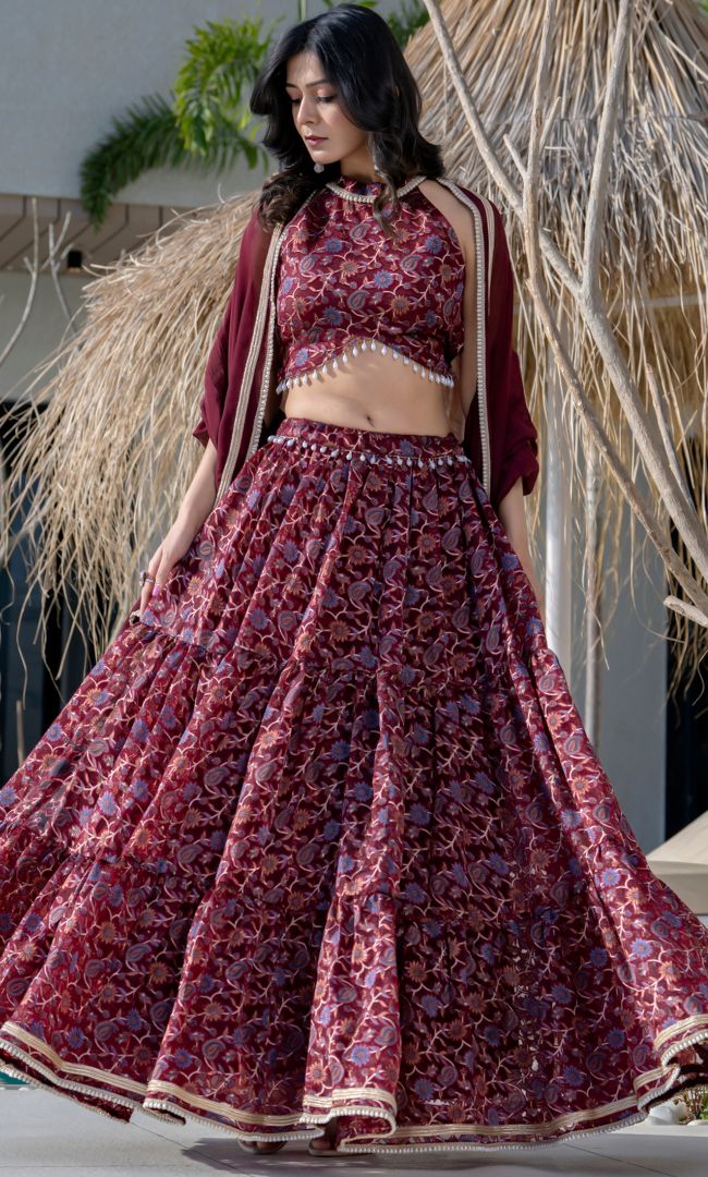 Maroon Halter Neck Lehenga