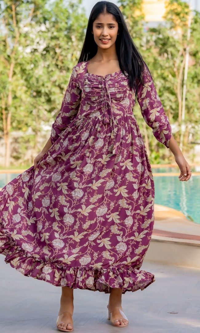 Wine Printed Maxi Dress