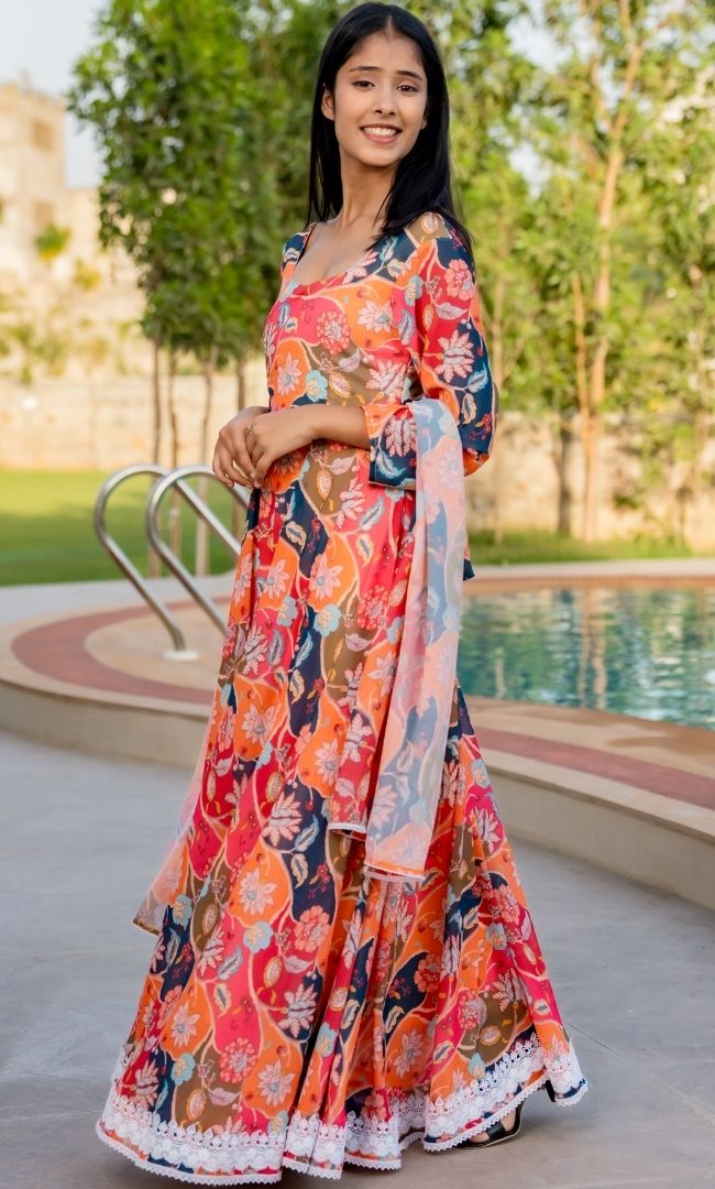 Tiara Orange Floral Anarkali Set