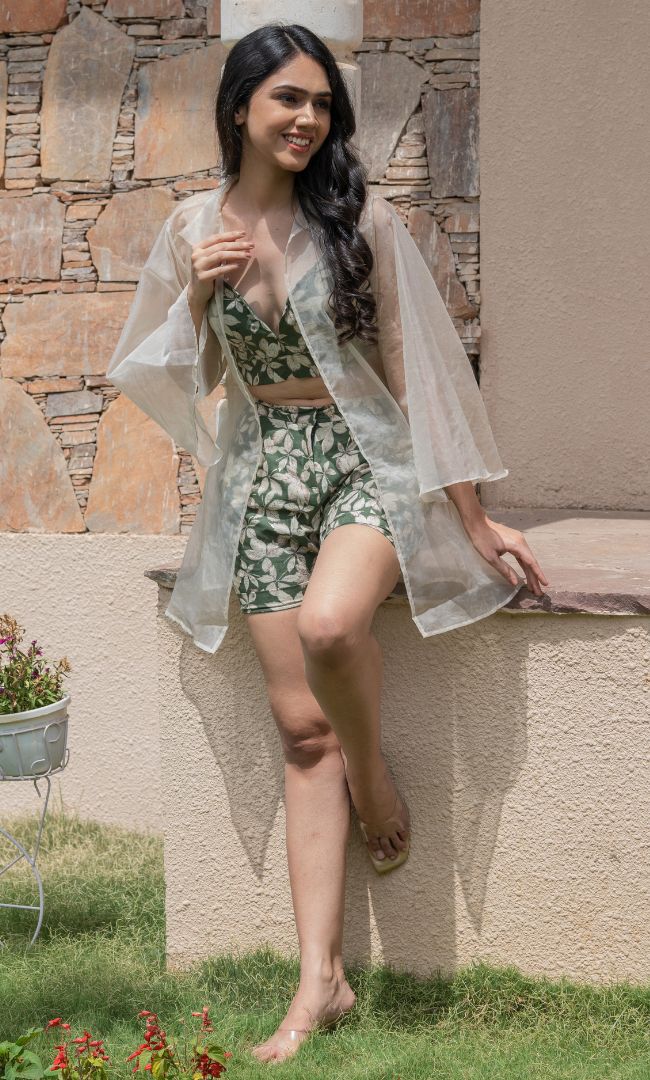 GREEN FLORAL SHRUG SET