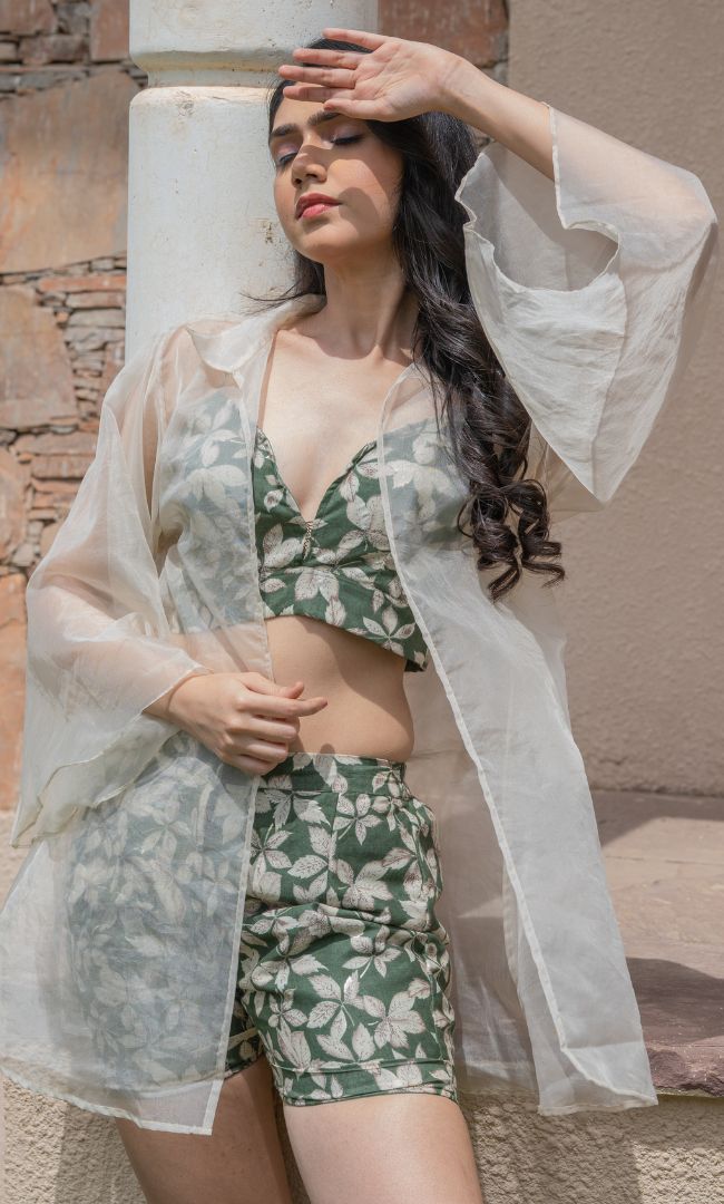GREEN FLORAL SHRUG SET
