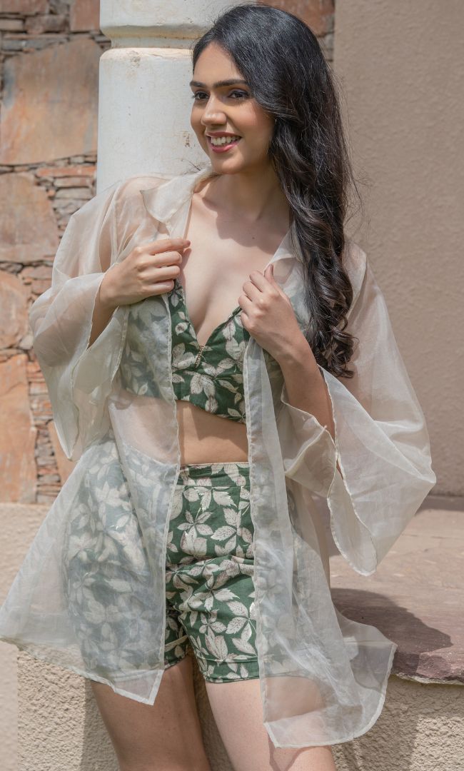 GREEN FLORAL SHRUG SET