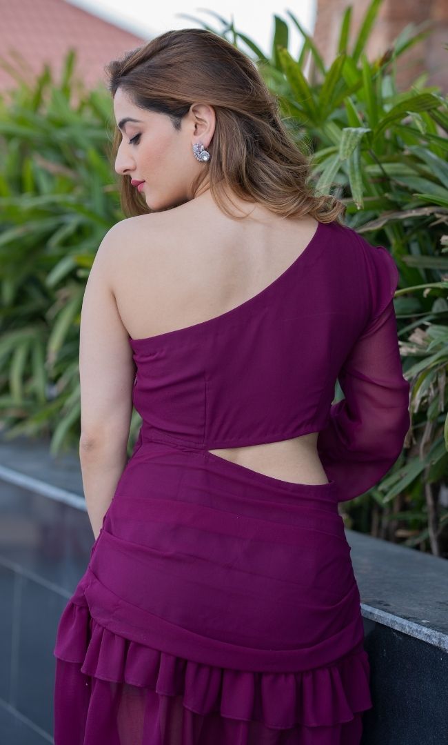 Wine Ruffle Cut Short Dress