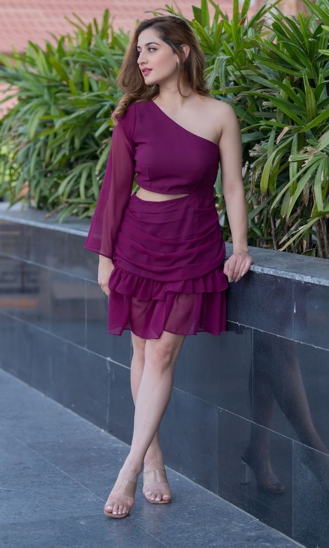 Wine Ruffle Cut Short Dress