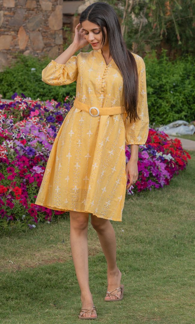 CANARY YELLOW CUT WORK DRESS